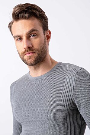 Erkek Gri Melanj Slim Fit Triko Kazak