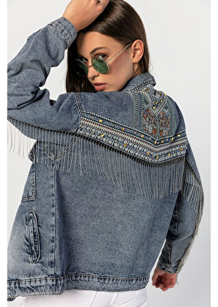 Sırtı İşlemeli, Kolları Ve Sırtı Zincirli Boyfriend Kot Ceket