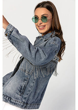 Sırtı İşlemeli, Kolları Ve Sırtı Zincirli Boyfriend Kot Ceket