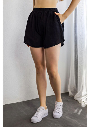 Yıkamalı Keten Görünümlü Şort
