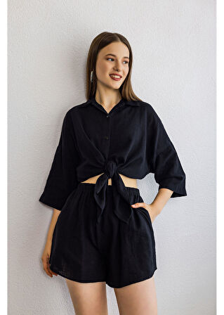 Yıkamalı Keten Görünümlü Şort