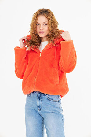 Etek Ucu Lastikli Kapüşonlu Peluş Mont 