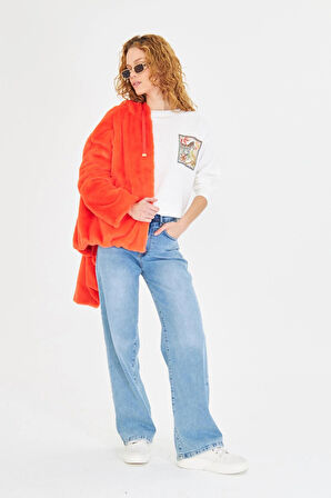 Etek Ucu Lastikli Kapüşonlu Peluş Mont 