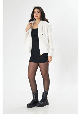 Etek Ucu Lastikli Kapüşonlu Peluş Mont 