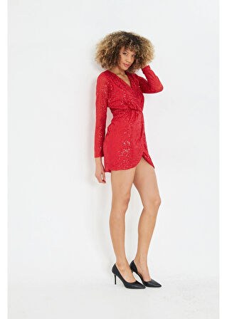 Kruvaze Yaka Pul Payet Elbise 