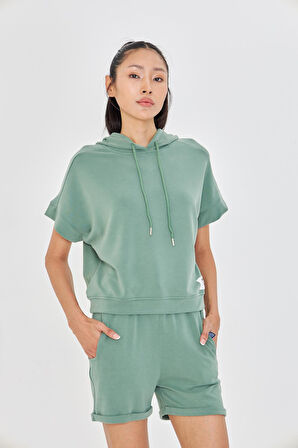 Kapüşonlu Kısa Kol Modal Sweatshirt