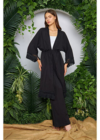 Palmiye Baskılı Püsküllü Kimono