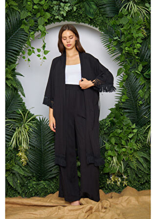 Palmiye Baskılı Püsküllü Kimono