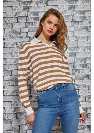 Polo Yaka Kalın Çizgili Kazak