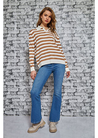 Polo Yaka Kalın Çizgili Kazak