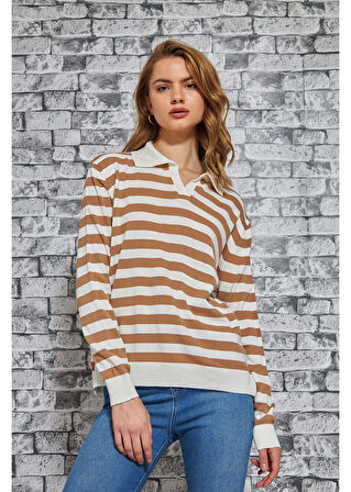 Polo Yaka Kalın Çizgili Kazak