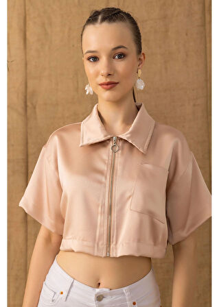 Fermuarlı Kısa Saten Gömlek 