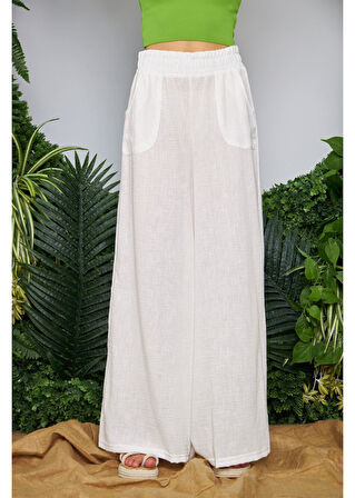 Geniş Kemerli Bol Paça Keten Görünümlü Pantolon