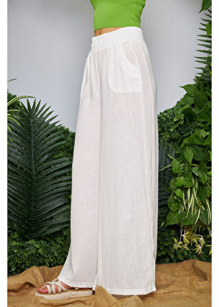 Geniş Kemerli Bol Paça Keten Görünümlü Pantolon