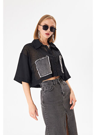 Kot Cepli Brodeli Kısa Keten Görünümlü Gömlek 