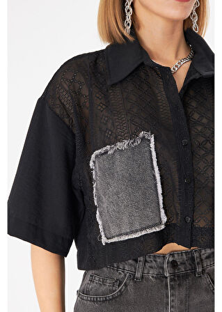 Kot Cepli Brodeli Kısa Keten Görünümlü Gömlek 