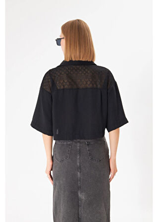 Kot Cepli Brodeli Kısa Keten Görünümlü Gömlek 