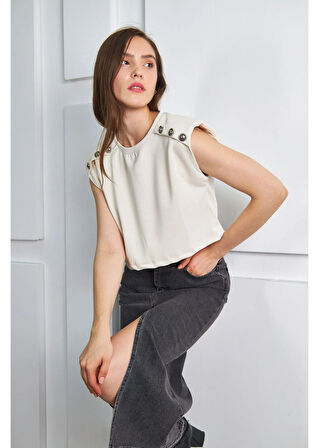 Düğmeli Sıfır Kol Modal Crop Bluz