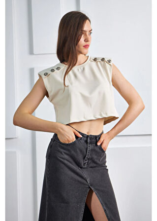 Düğmeli Sıfır Kol Modal Crop Bluz