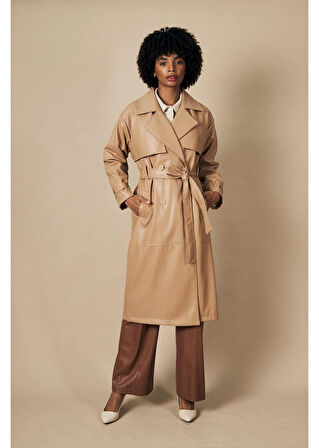 Allerli Kuşaklı Deri Trençkot 