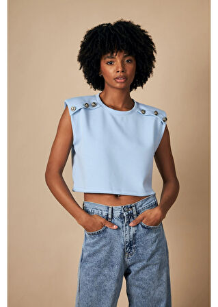 Düğmeli Sıfır Kol Modal Crop Bluz