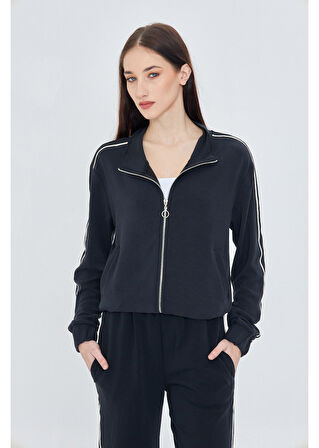 Fermuarlı Şeritli Modal Sweatshirt
