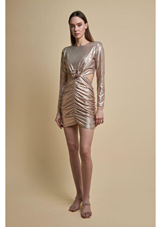 Beli Pencereli Büzgülü Elbise 