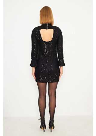 Sırt Dekolteli Kolları Volanlı Siyah Pul Payet Elbise 