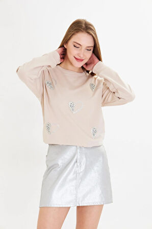 Kalpli Taş Baskılı Sweatshirt