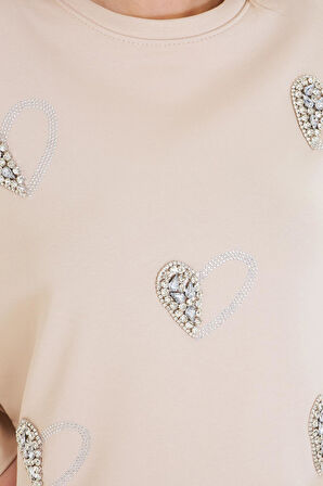 Kalpli Taş Baskılı Sweatshirt