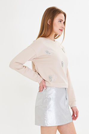 Kalpli Taş Baskılı Sweatshirt