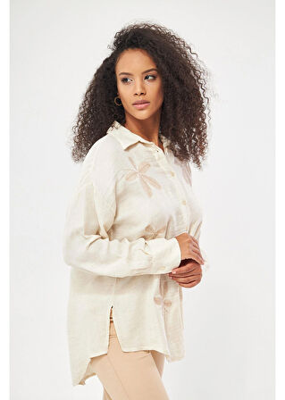 Yaprak Nakışlı Müslin Keten Görünümlü Gömlek 