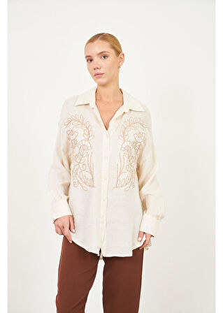 Nakışlı Müslin Keten Görünümlü Gömlek 