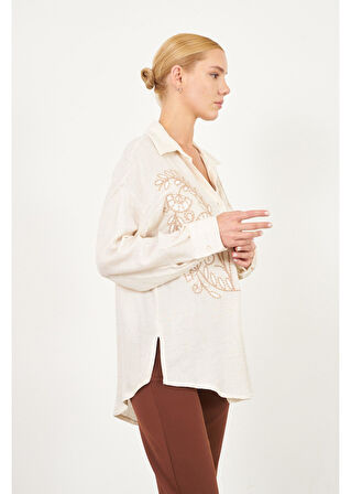 Nakışlı Müslin Keten Görünümlü Gömlek 