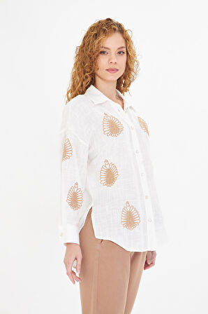 Süzene Nakışlı Keten Görünümlü Gömlek 