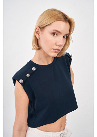 Düğmeli Sıfır Kol Modal Crop Bluz