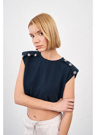 Düğmeli Sıfır Kol Modal Crop Bluz