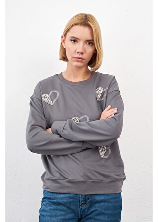 Kalpli Taş Baskılı Sweatshirt
