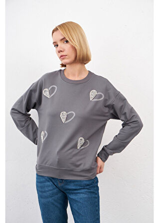 Kalpli Taş Baskılı Sweatshirt