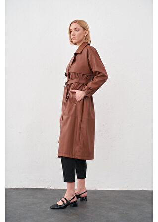 Allerli Kuşaklı Deri Trençkot