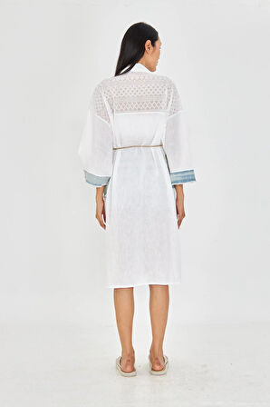 Kot Garnili Brodeli Keten Görünümlü Kimono 