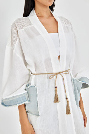 Kot Garnili Brodeli Keten Görünümlü Kimono 