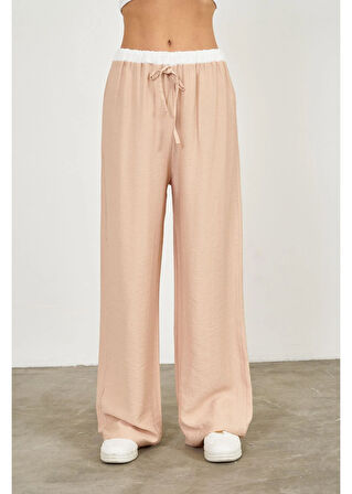 Beli Garnili Bağcıklı Bol Keten Görünümlü Pantolon