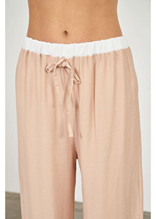 Beli Garnili Bağcıklı Bol Keten Görünümlü Pantolon