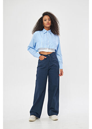 Beli Lastikli Çizgili Crop Gömlek 