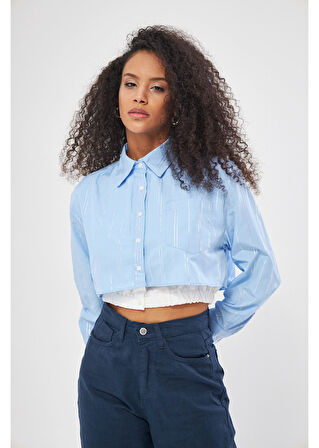 Beli Lastikli Çizgili Crop Gömlek 