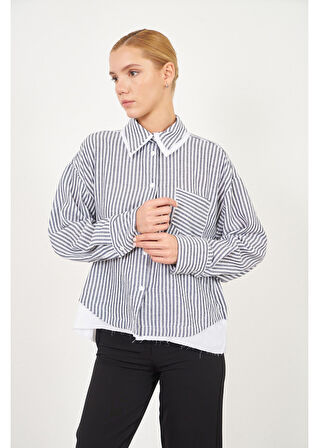 Poplin Garnili Çizgili Keten Görünümlü Gömlek 