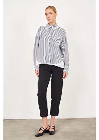 Poplin Garnili Çizgili Keten Görünümlü Gömlek 