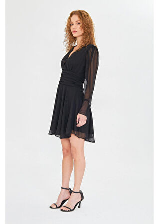 Beli Büzgülü Şifon Elbise