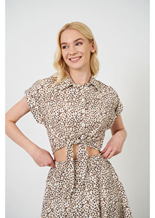 Önden Bağlamalı Çıtır Desen Kısa Gömlek 